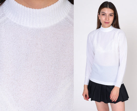 70s Talbott Traveler White Mock Neck Blouse Raglan Sleeve Small