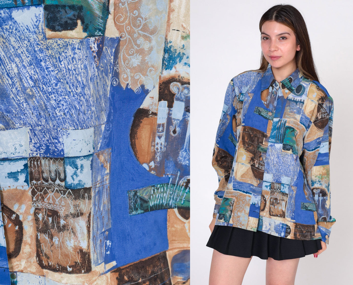 90s Abstract Patchwork Button-Up Shirt Blue Long Sleeve Extra Large