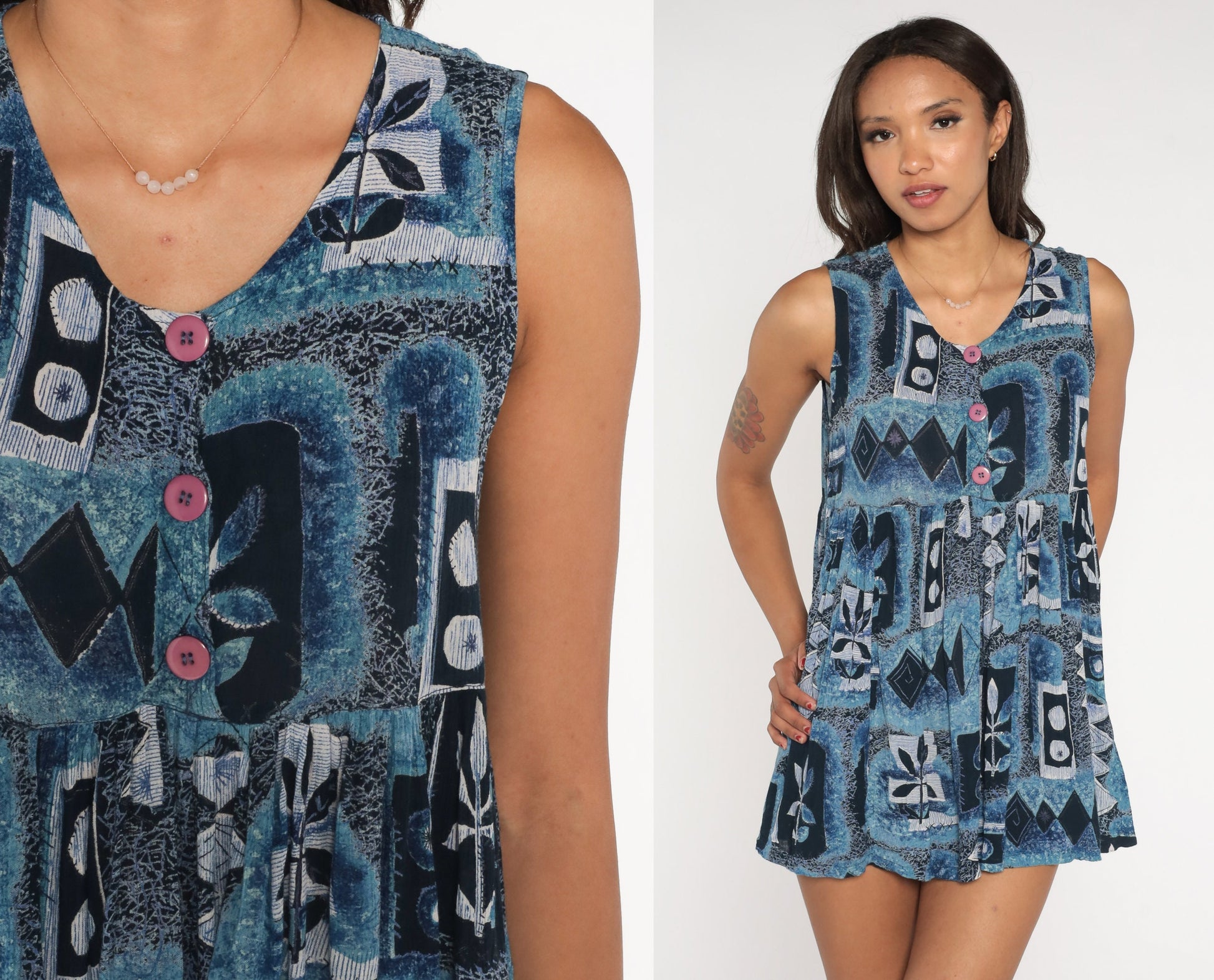 90s Blue Abstract Geometric Mini Dress Empire Waist Sleeveless Medium M