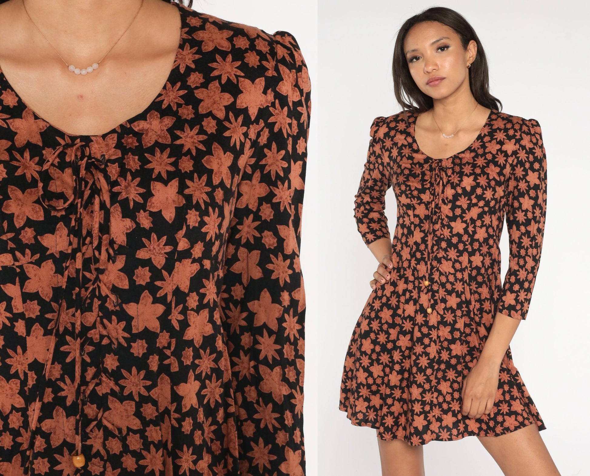 90s Black Floral Mini Dress Puff Sleeve Tie Neck Small