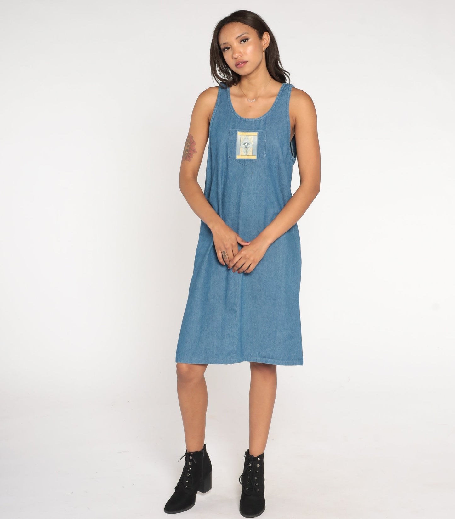 90s Blue Denim Midi Dress Flower Patch Sleeveless Cotton Medium M