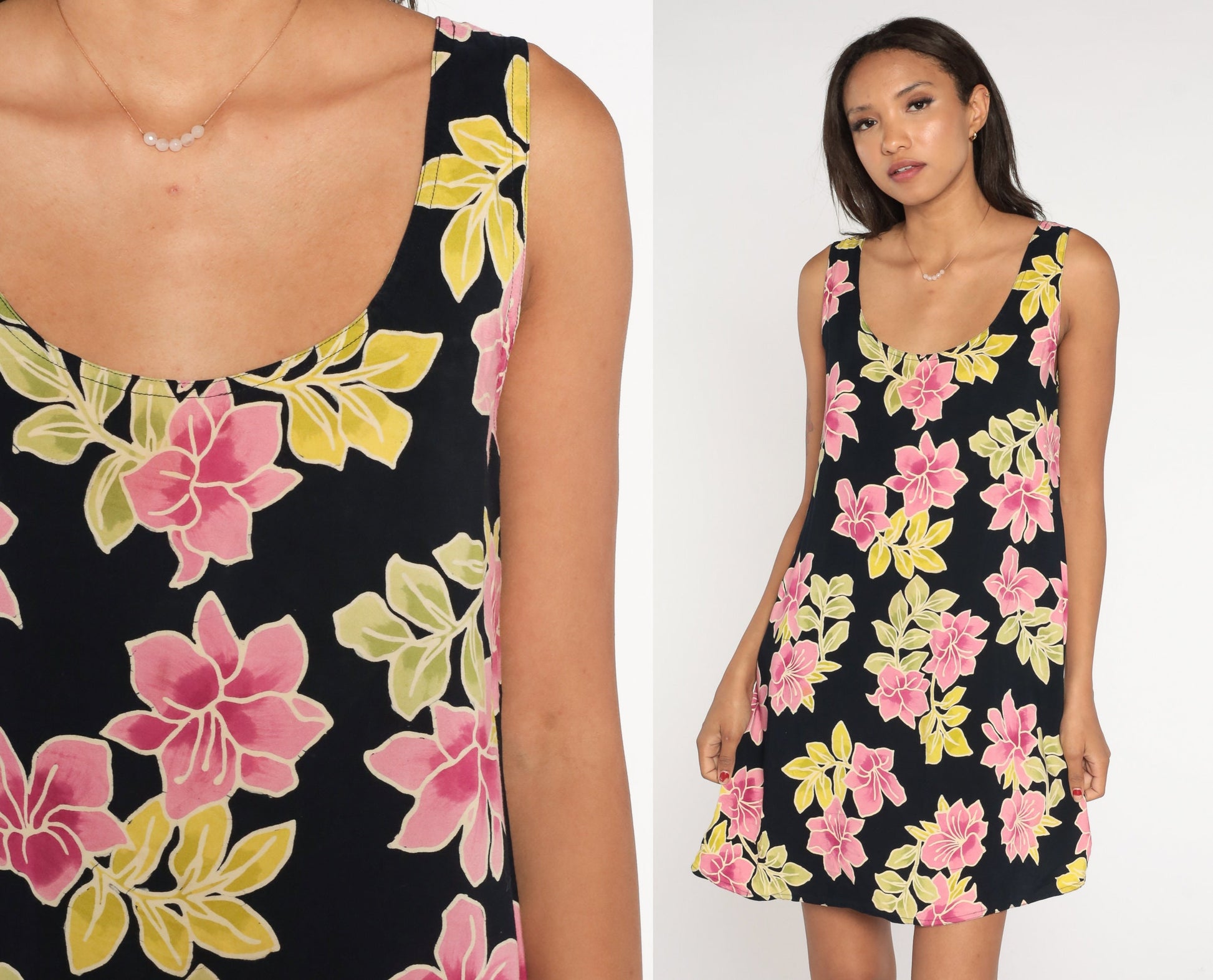 90s Black Tropical Floral Mini Dress Sleeveless Sundress Hibiscus Large L