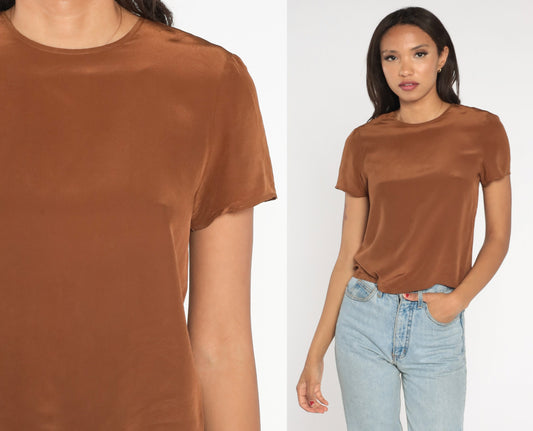 80s Brown Shiny Blouse Short Sleeve Crewneck Small