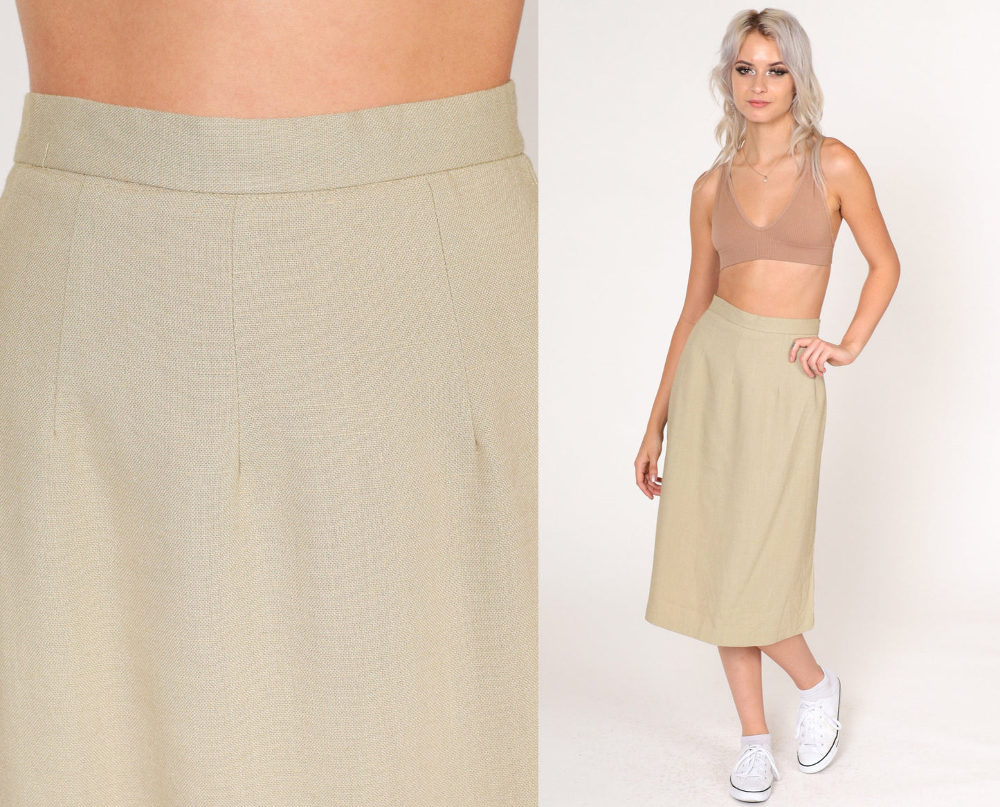 80s Khaki Midi Skirt High Waisted Pencil Tan Vintage Extra Small