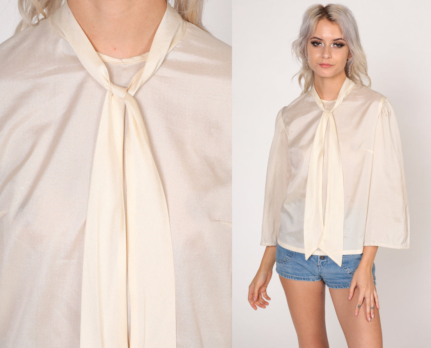70s Necktie Blouse Cream Long Sleeve Button Back Shirt Small