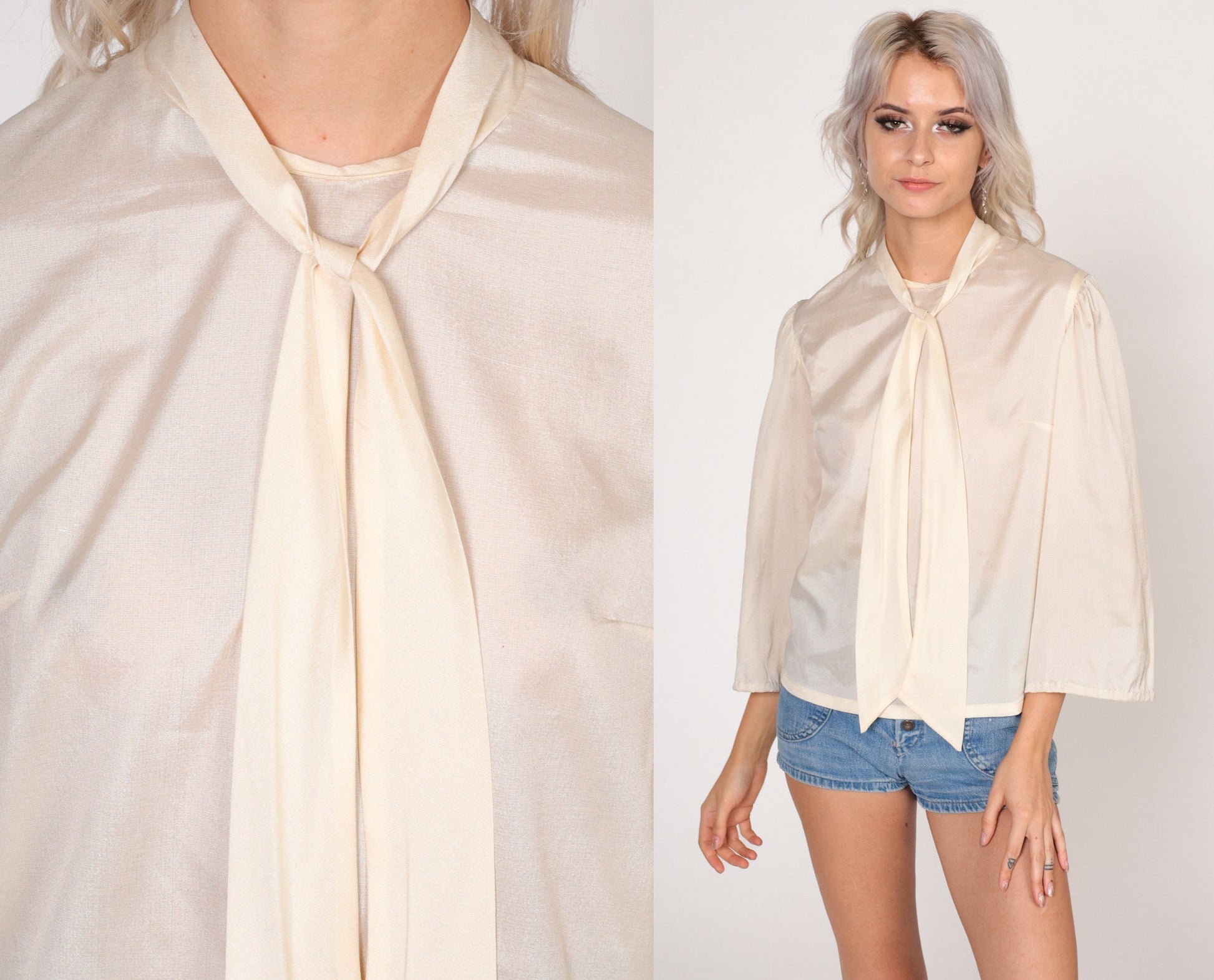 70s Necktie Blouse Cream Long Sleeve Button Back Shirt Small