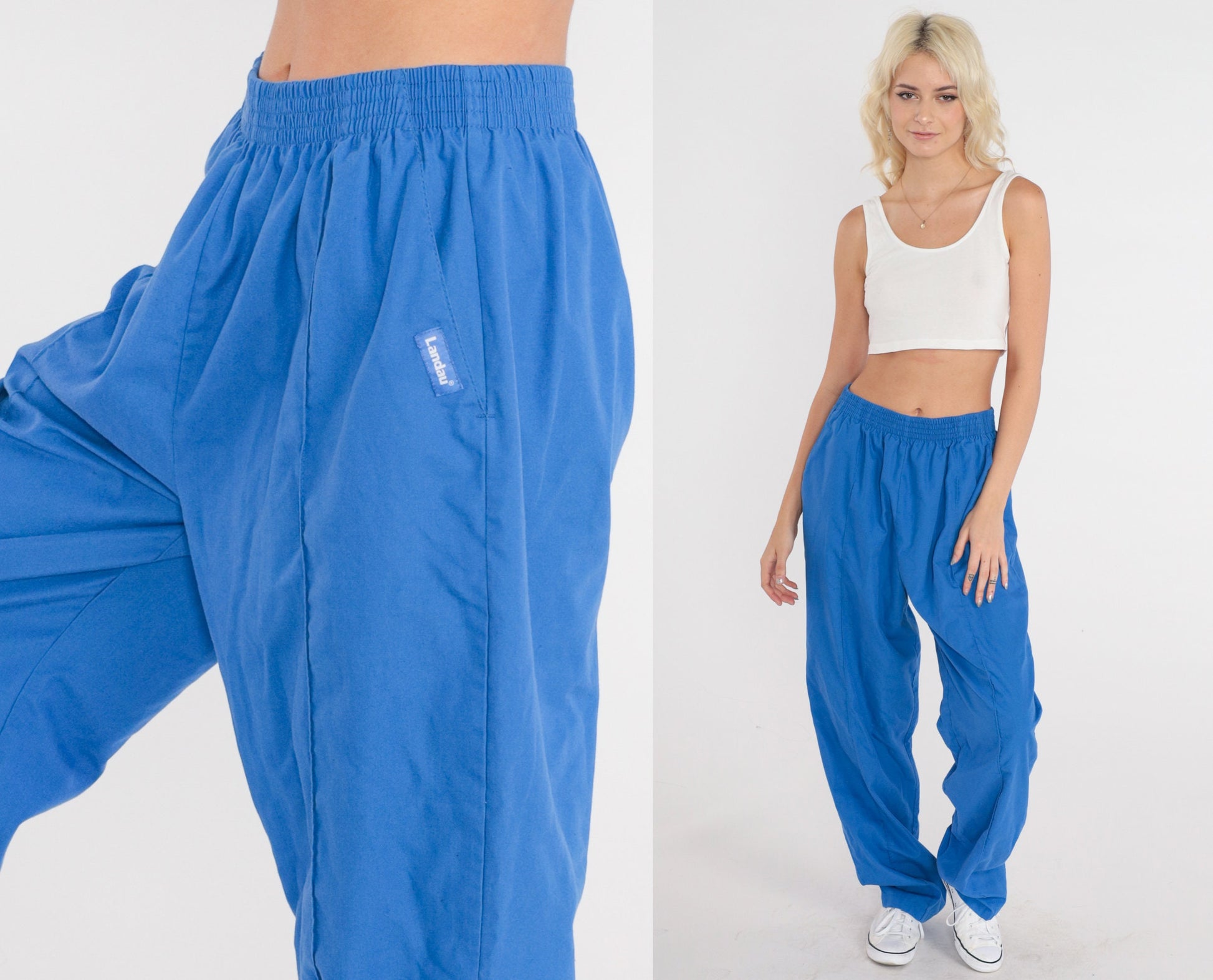 80s Blue Track Pants Elastic Waist Vintage Joggers Small Medium