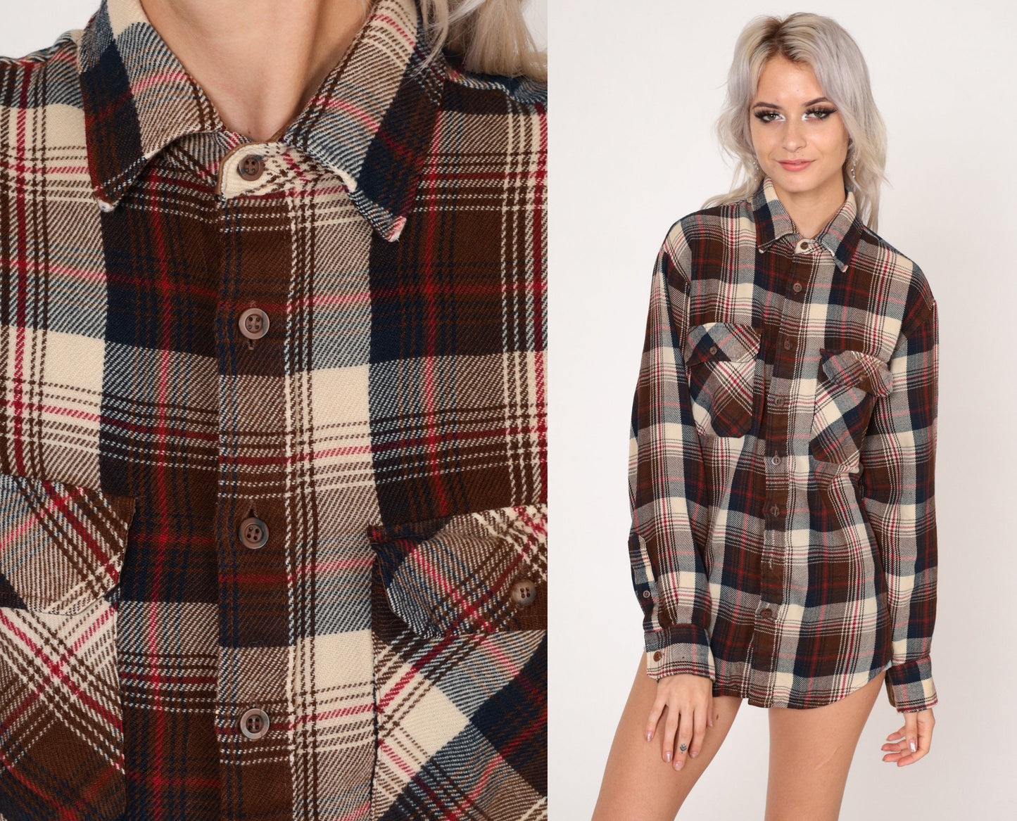 80s Sears Plaid Flannel Button-Up Shirt Brown Cream Navy Tall Medium