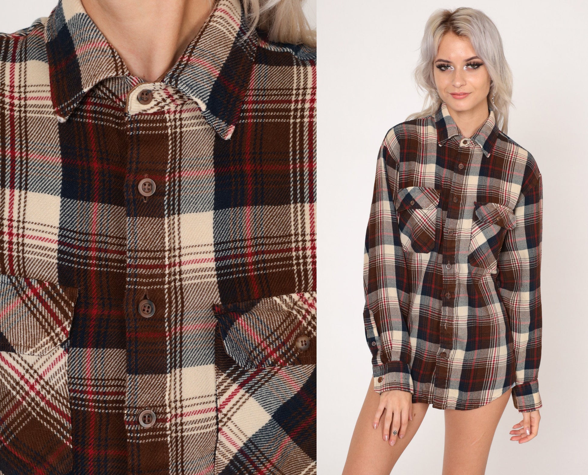 80s Sears Plaid Flannel Button-Up Shirt Brown Cream Navy Tall Medium