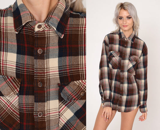 80s Sears Plaid Flannel Button-Up Shirt Brown Cream Navy Tall Medium