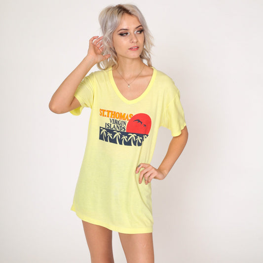 90s St Thomas Virgin Islands Graphic T-Shirt Yellow Palm Tree Medium