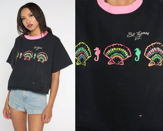 90s St Thomas Virgin Islands Crop Top Ringer Tee Black Neon Pink Graphic Medium