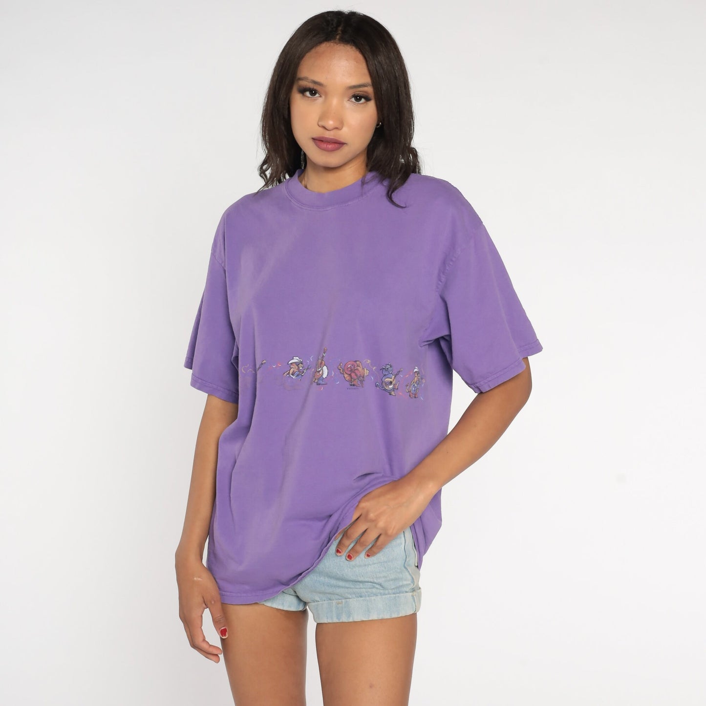 90s Cat Country Band Graphic T-Shirt Purple Cotton Tee Medium Large