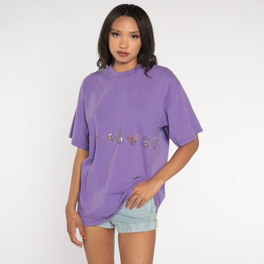90s Cat Country Band Graphic T-Shirt Purple Cotton Tee Medium Large
