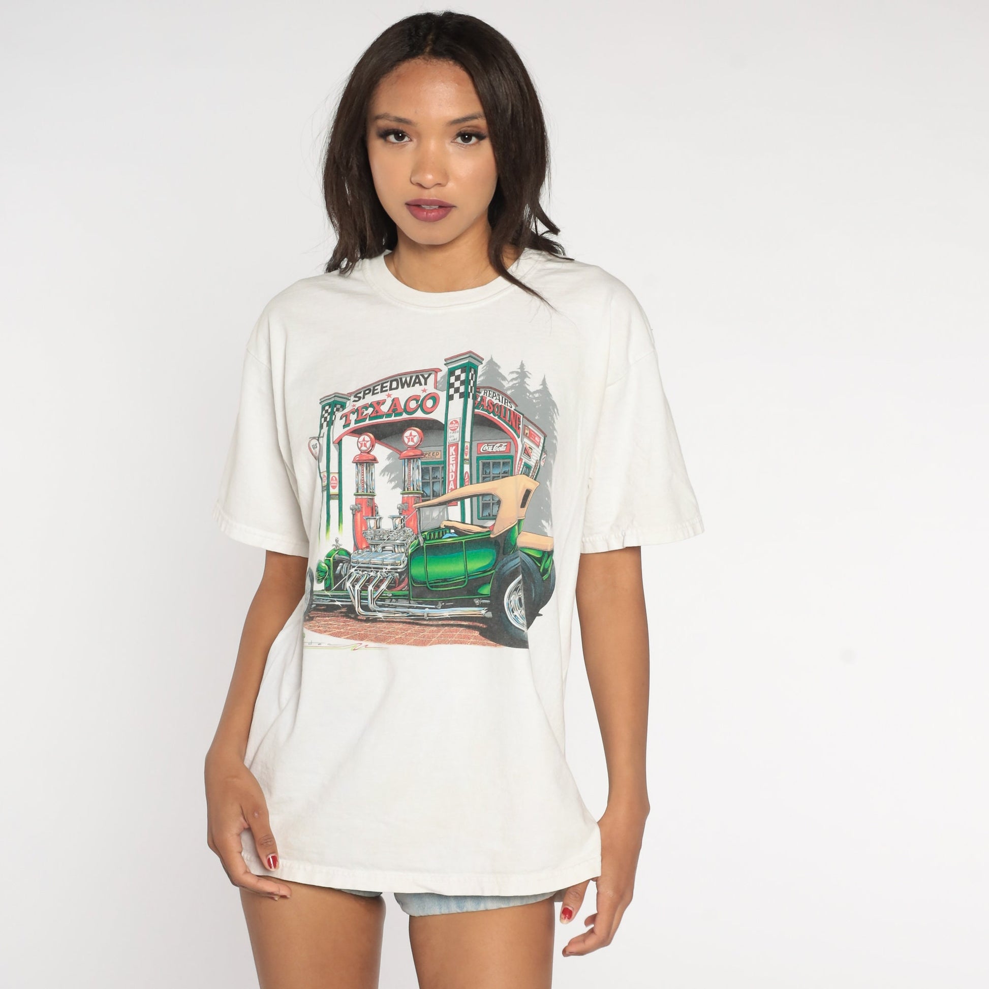 00s Texaco Classic Car Graphic T-Shirt White Cotton Tee Large L