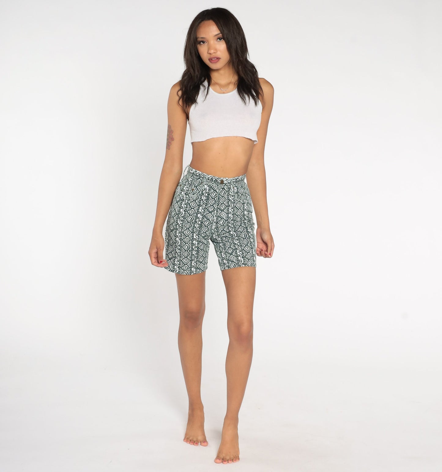 90s Sostanza Floral Denim Shorts High Waist Green White Geometric Print XXS