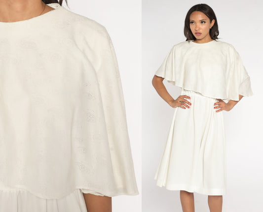 70s Asymmetrical Capelet Midi Dress Off White Paisley High Waist Medium Large