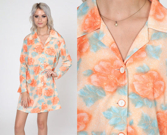 70s Orange Floral Mini Shift Dress Button-Up Long Sleeve Medium Large