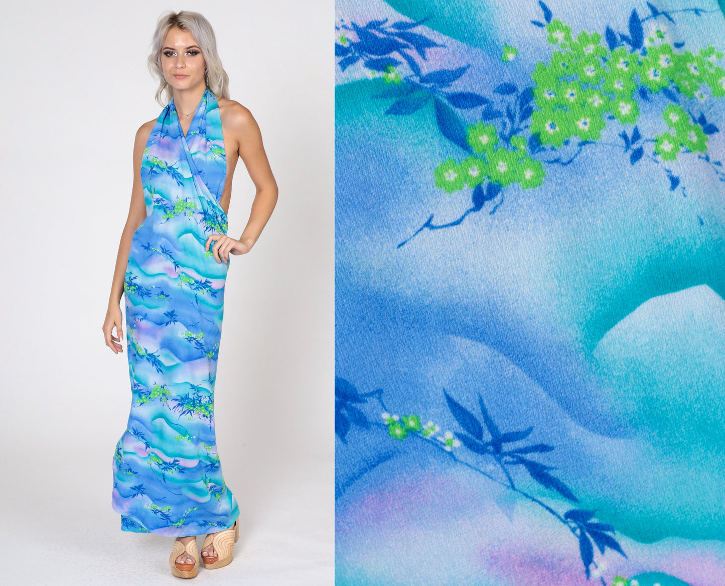 70s Blue Floral Halter Wrap Dress V-Neck Maxi Sundress Small Medium