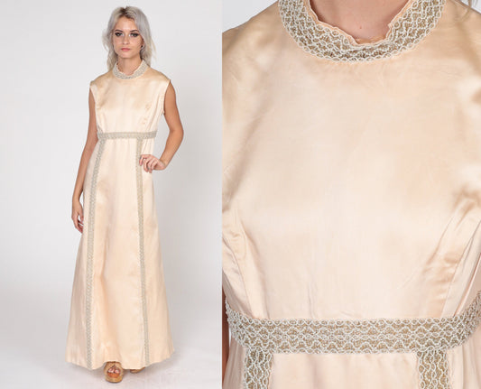 60s Champagne Beaded Maxi Dress Empire Waist Sleeveless Small S