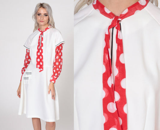 70s Mod Ascot Dress White Polka Dot High Waist Midi Long Sleeve Small