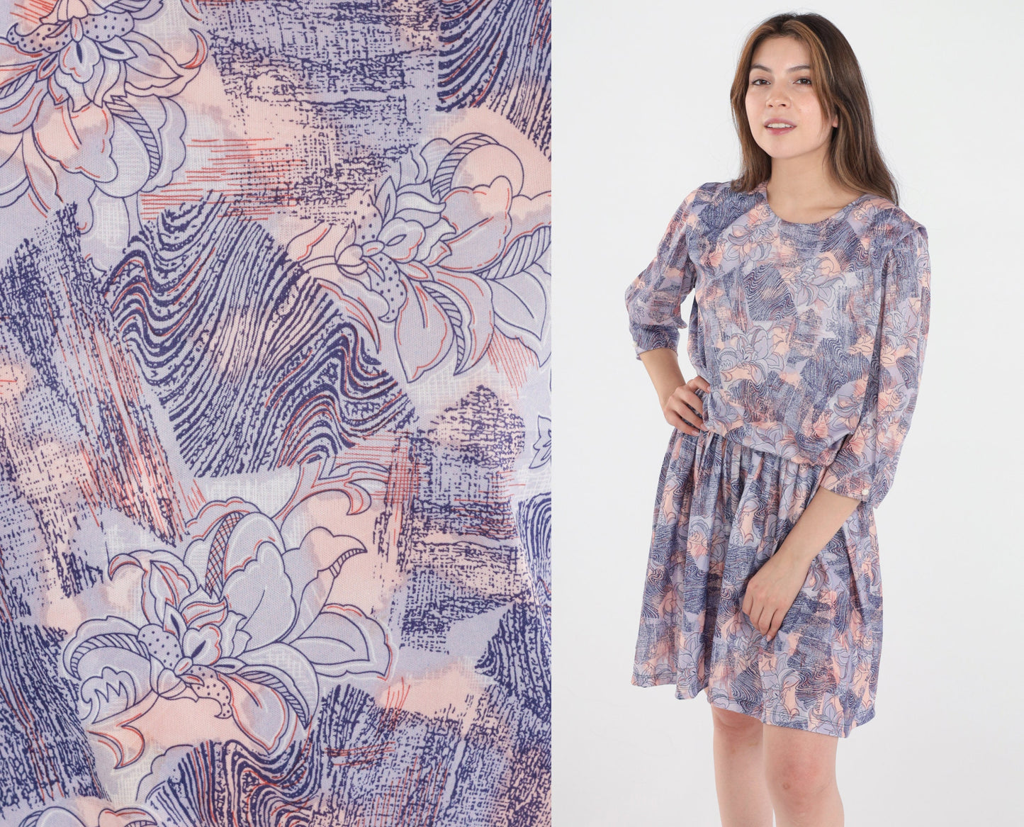 80s Floral Mini Dress Purple Peach Navy 3/4 Sleeve High Waisted Medium