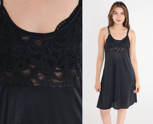 Y2K Black Sheer Lace Slip Dress Spaghetti Strap Mini Nightgown Large L