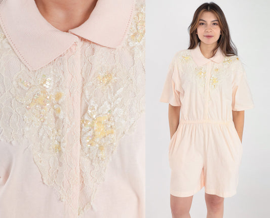 80s Derek Michael Baby Pink Cotton Romper Sequin Lace Yoke Small