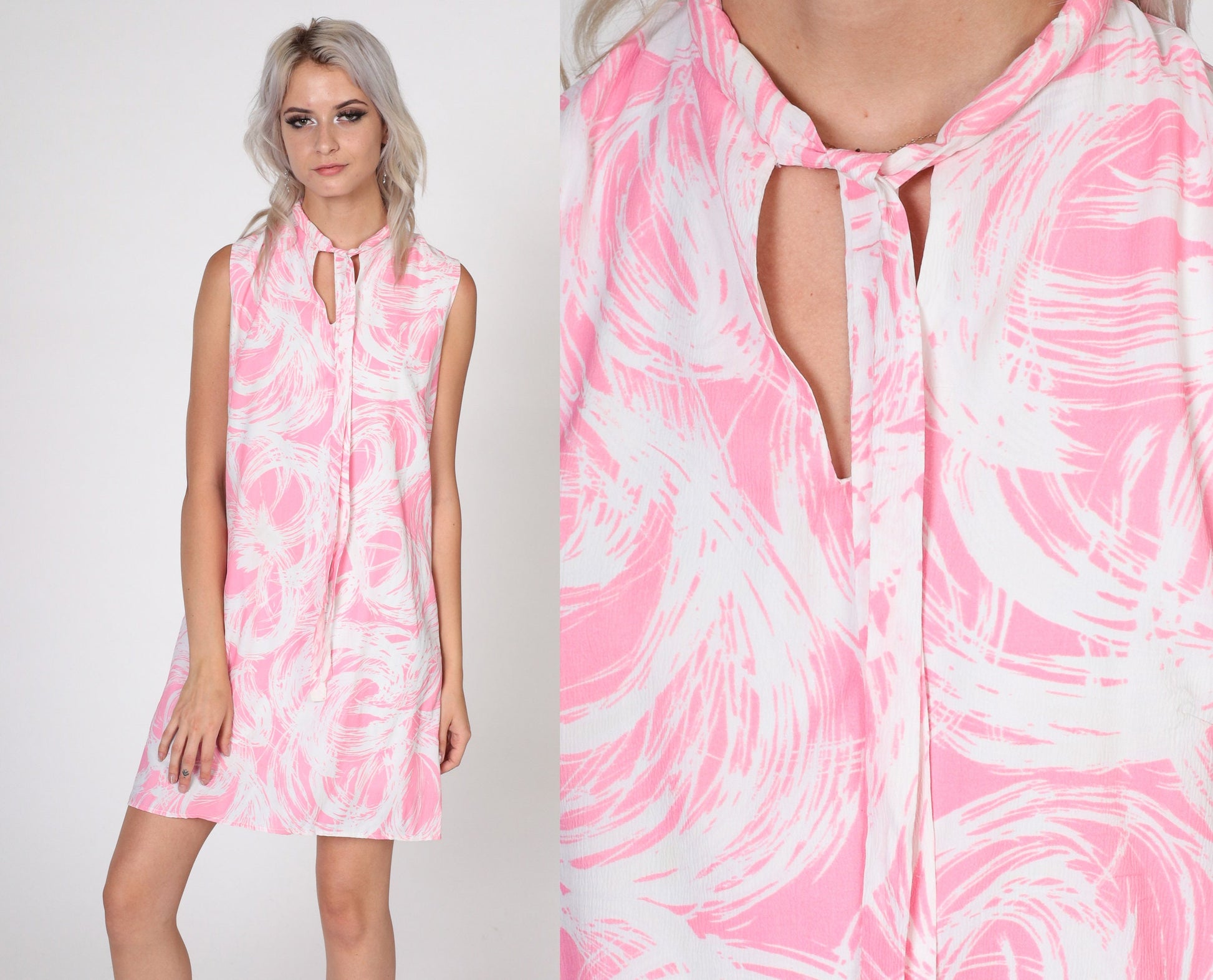 60s Mod Shift Dress Brushstroke Ascot Print Pink White Mini Small S