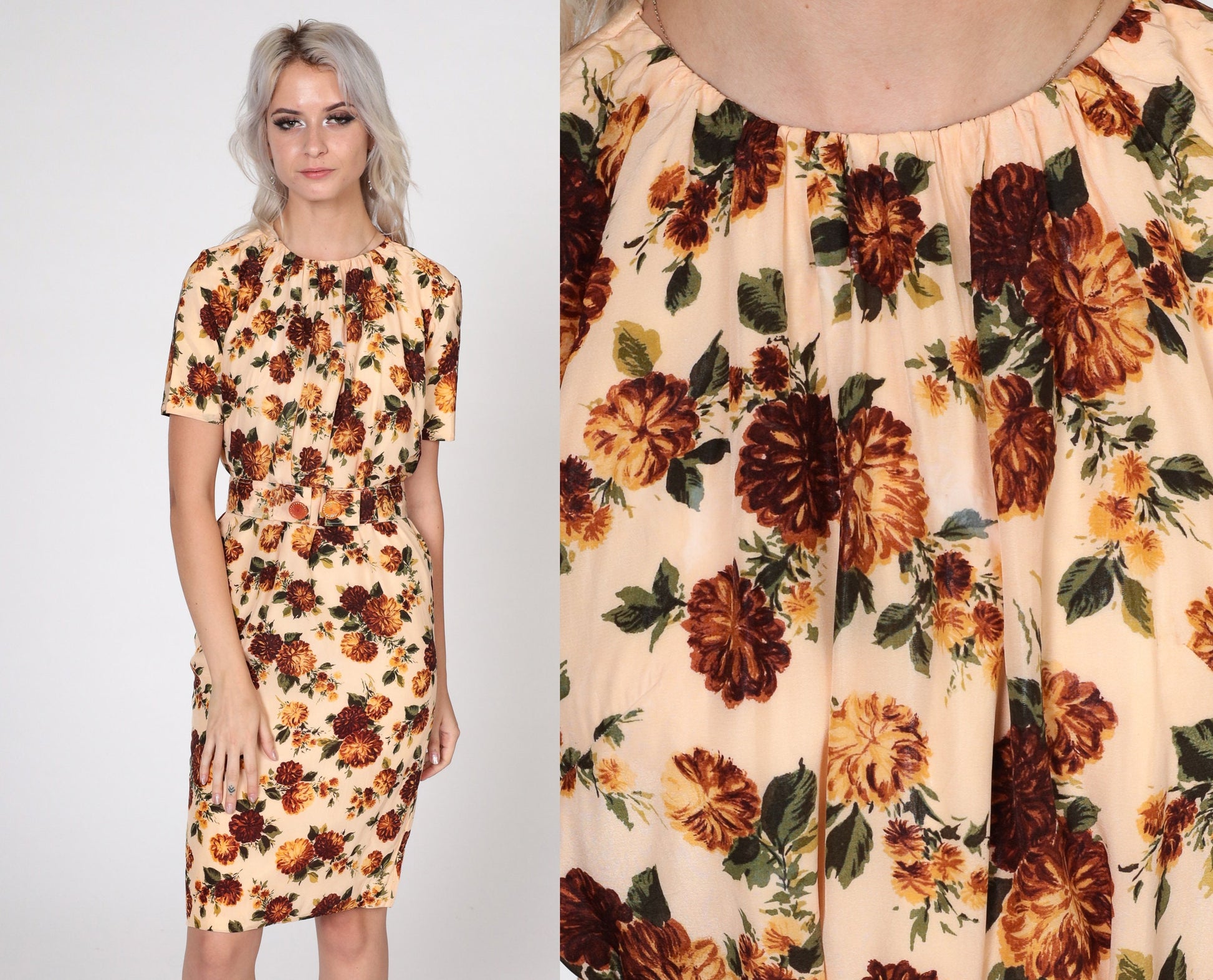 1960s Floral Peach Pencil Dress Matching Belt Short Sleeve Small S