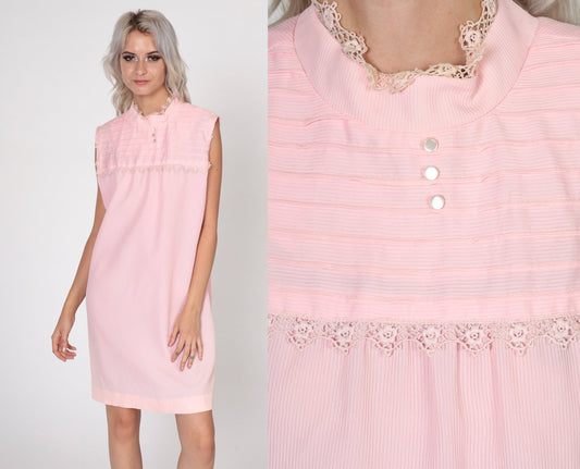 60s Mod Mini Shift Dress Baby Pink Lace Yoke Sleeveless Small Medium
