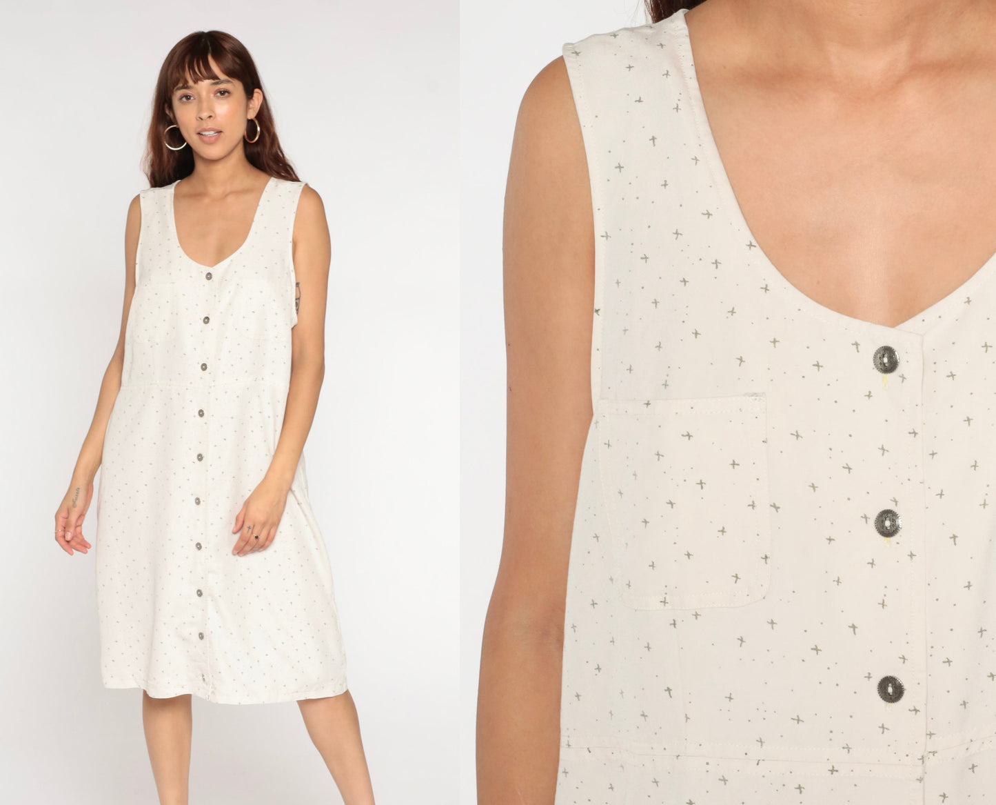 90s Confetti Jumper Dress Off-White Midi Button-Up Sleeveless Extra Large XXL