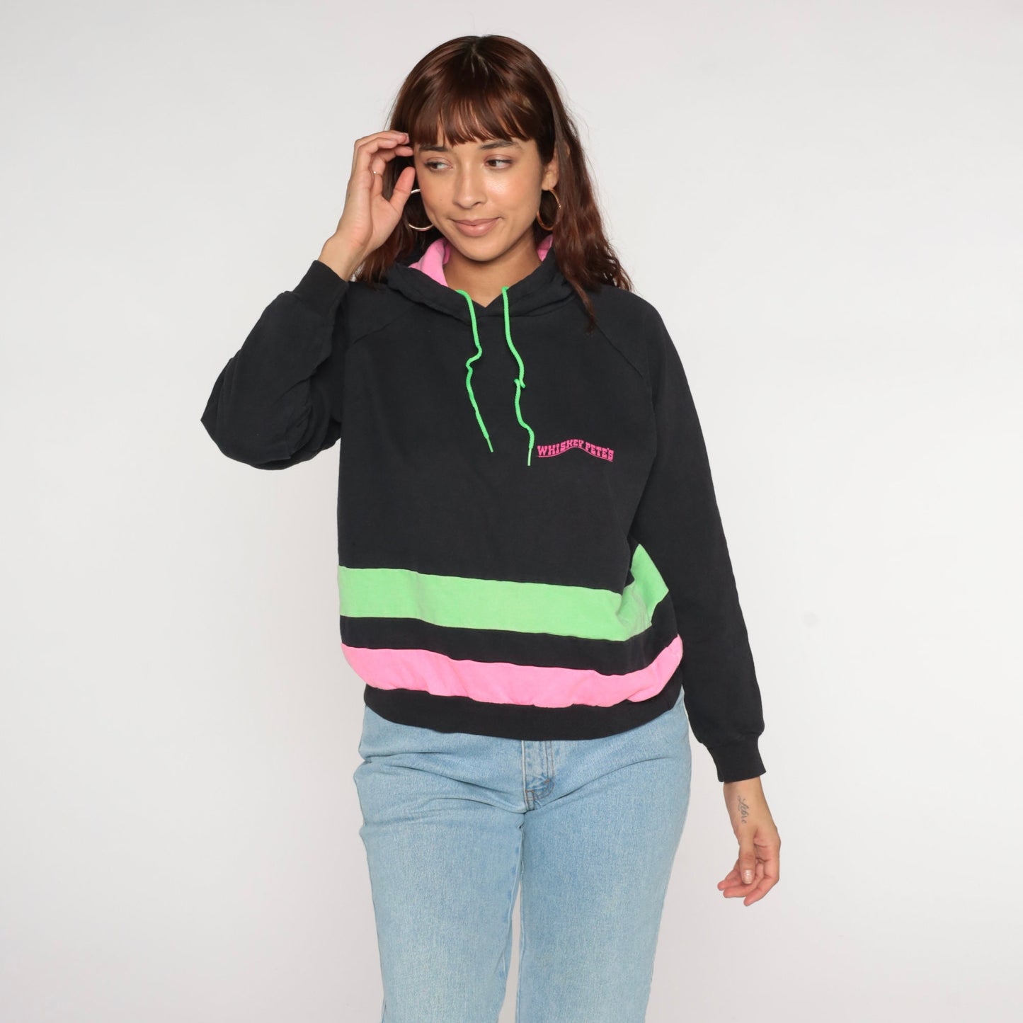 90s Whiskey Pete's Neon Striped Hoodie Black Pink Green Medium