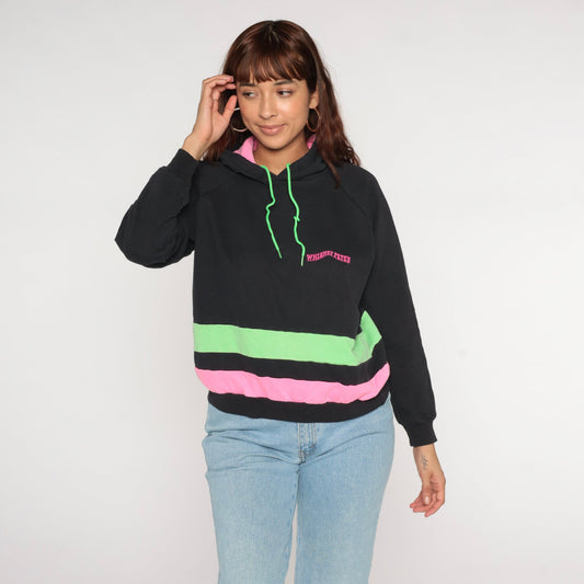 90s Whiskey Pete's Neon Striped Hoodie Black Pink Green Medium