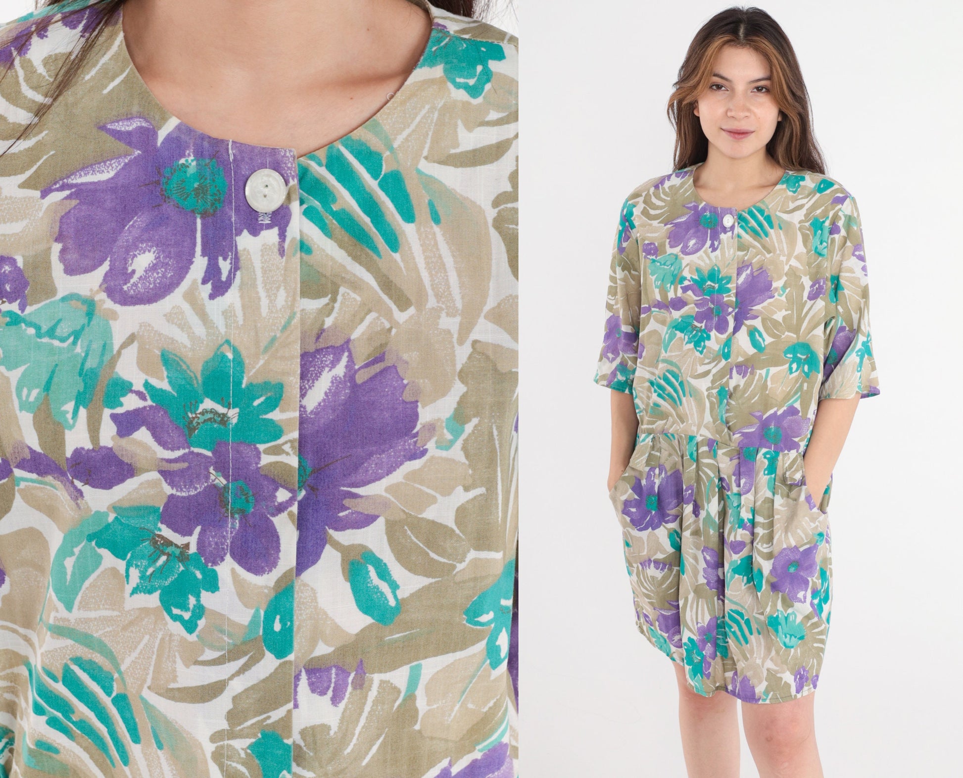 80s Floral Mini Dress Button Front Pleated Pockets Khaki Purple Large