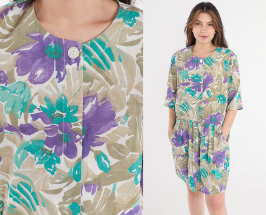 80s Floral Mini Dress Button Front Pleated Pockets Khaki Purple Large