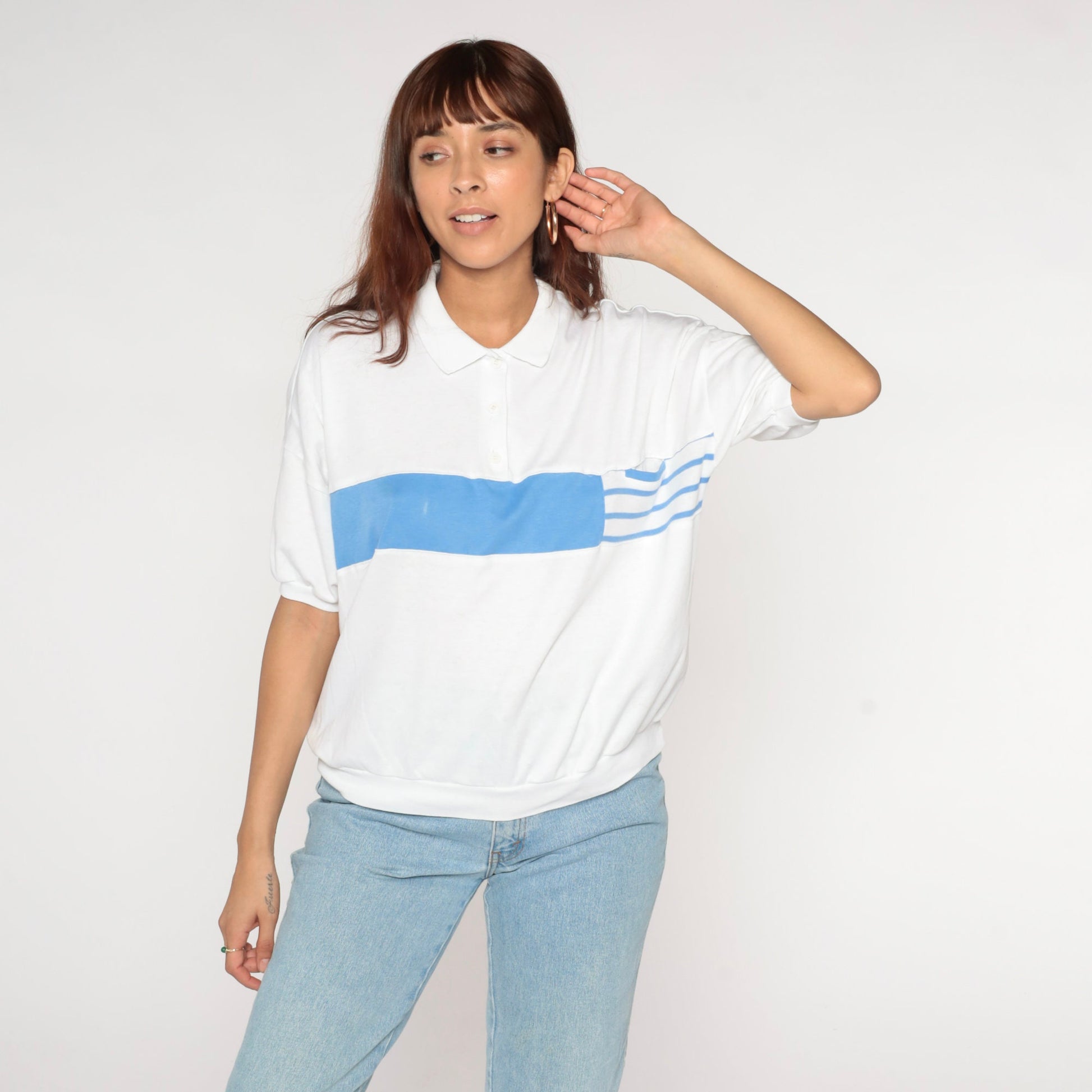 90s Catalina Striped Collared Shirt White Blue Banded Hem Large