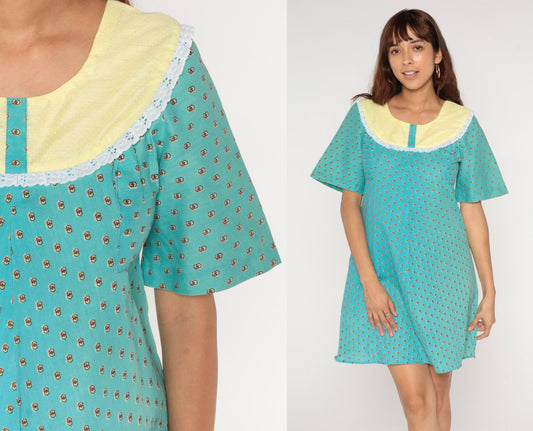 70s Turquoise Geometric Shift Dress Mini Yoke Short Sleeve Extra Small