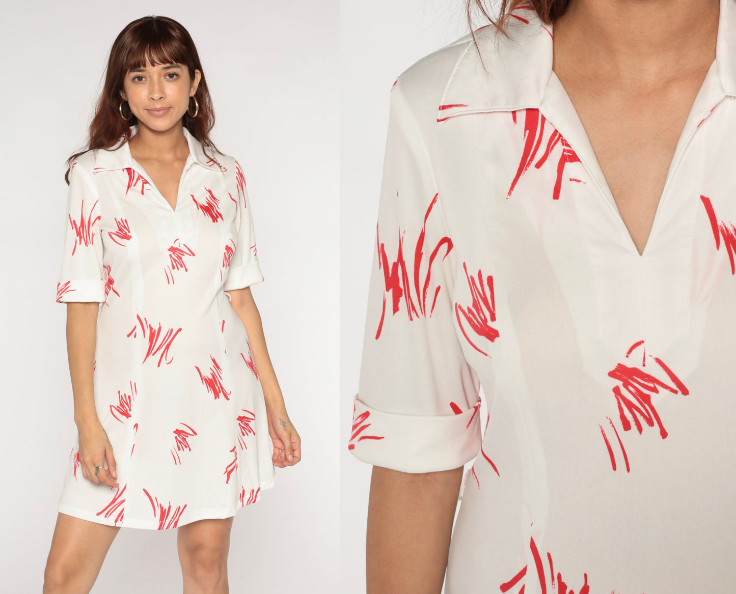 70s Mini Dress White Red Brushstroke Shift V-Neck Short Sleeve Small S