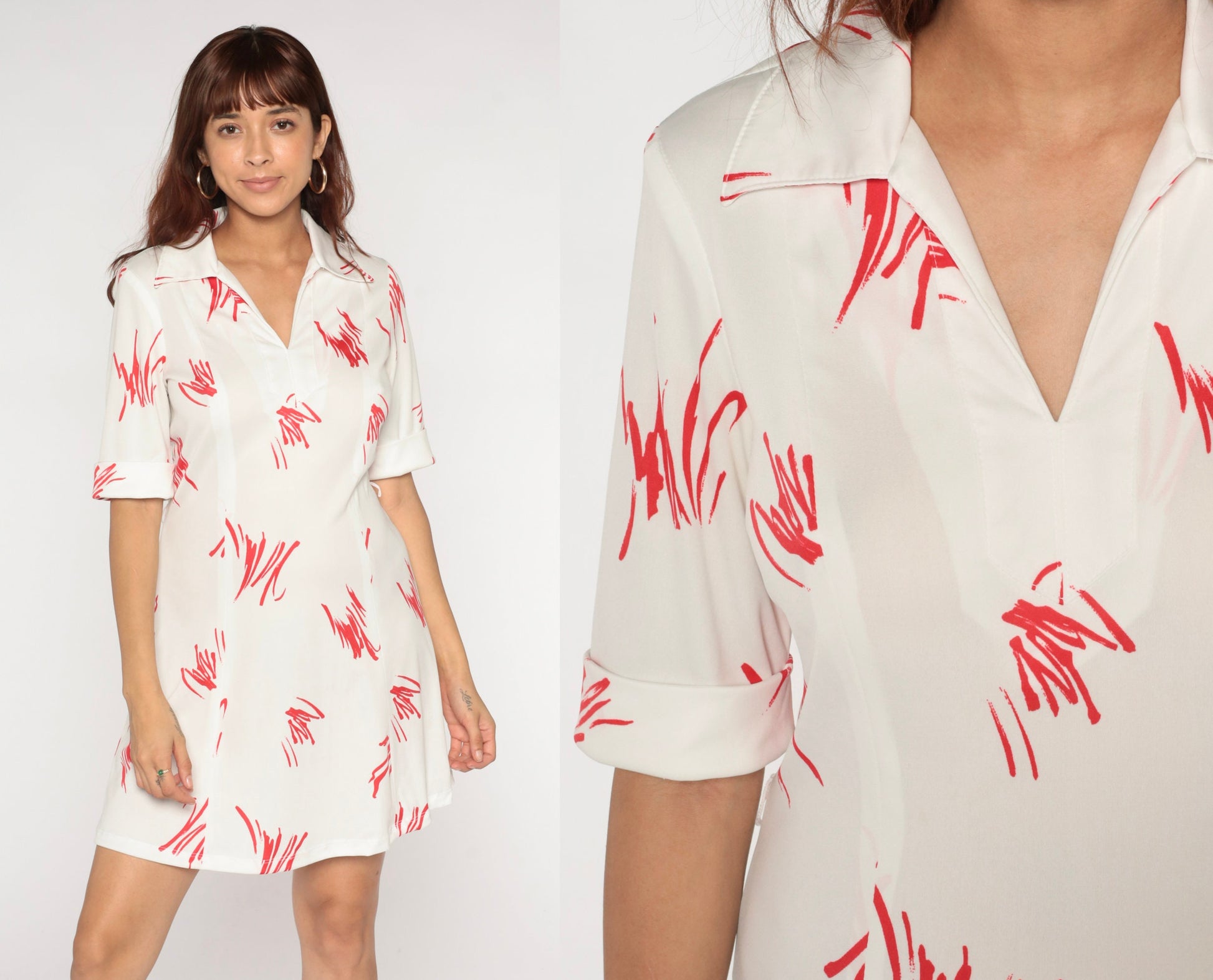 70s Mini Dress White Red Brushstroke Shift V-Neck Short Sleeve Small S