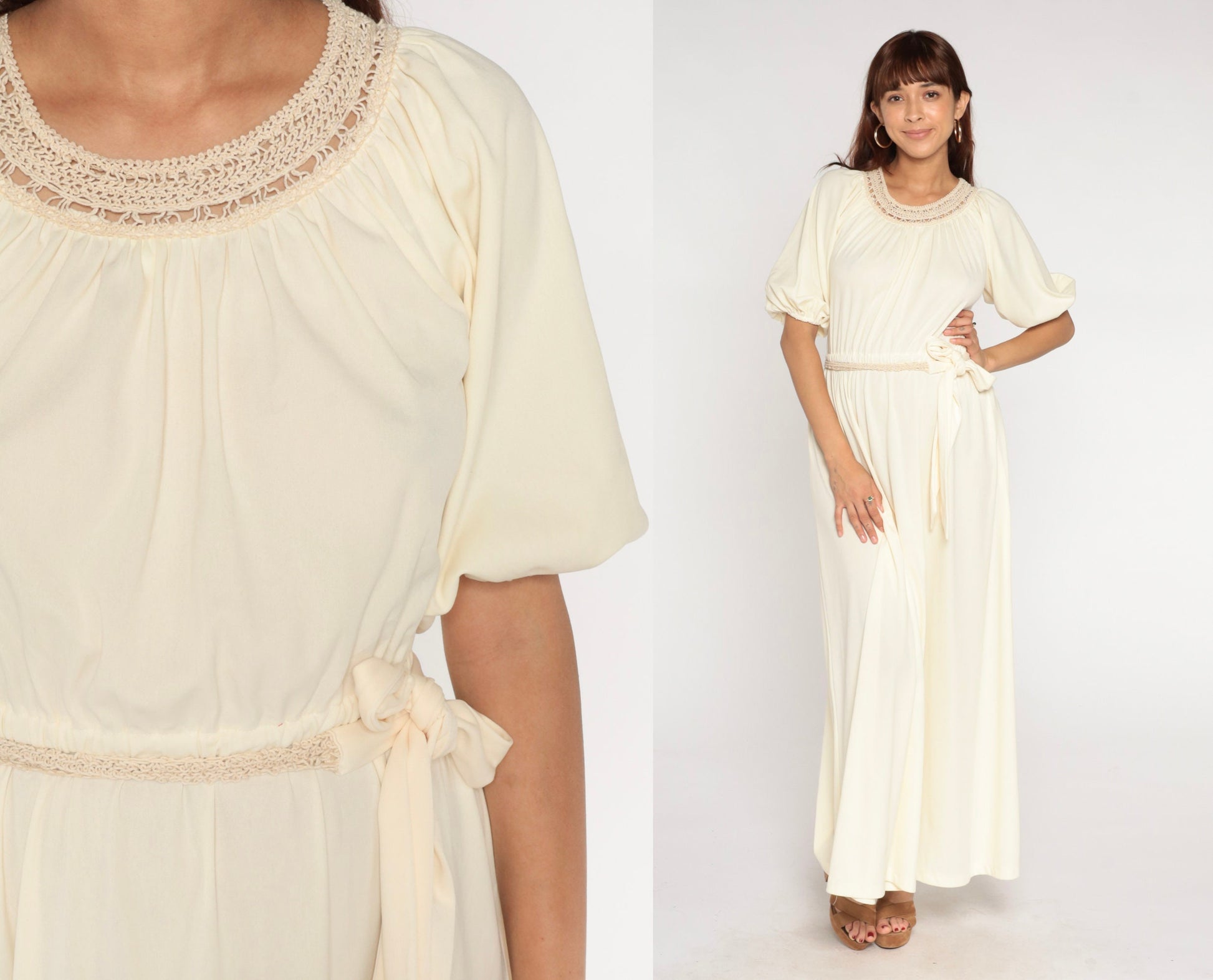 70s Cream Maxi Dress Crochet Trim High Waist Blouson Small