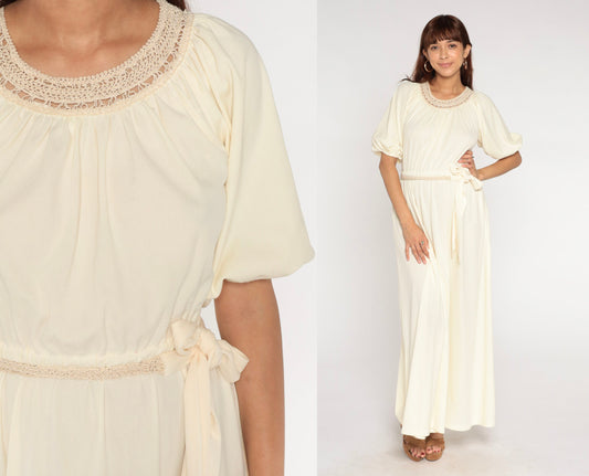 70s Cream Maxi Dress Crochet Trim High Waist Blouson Small