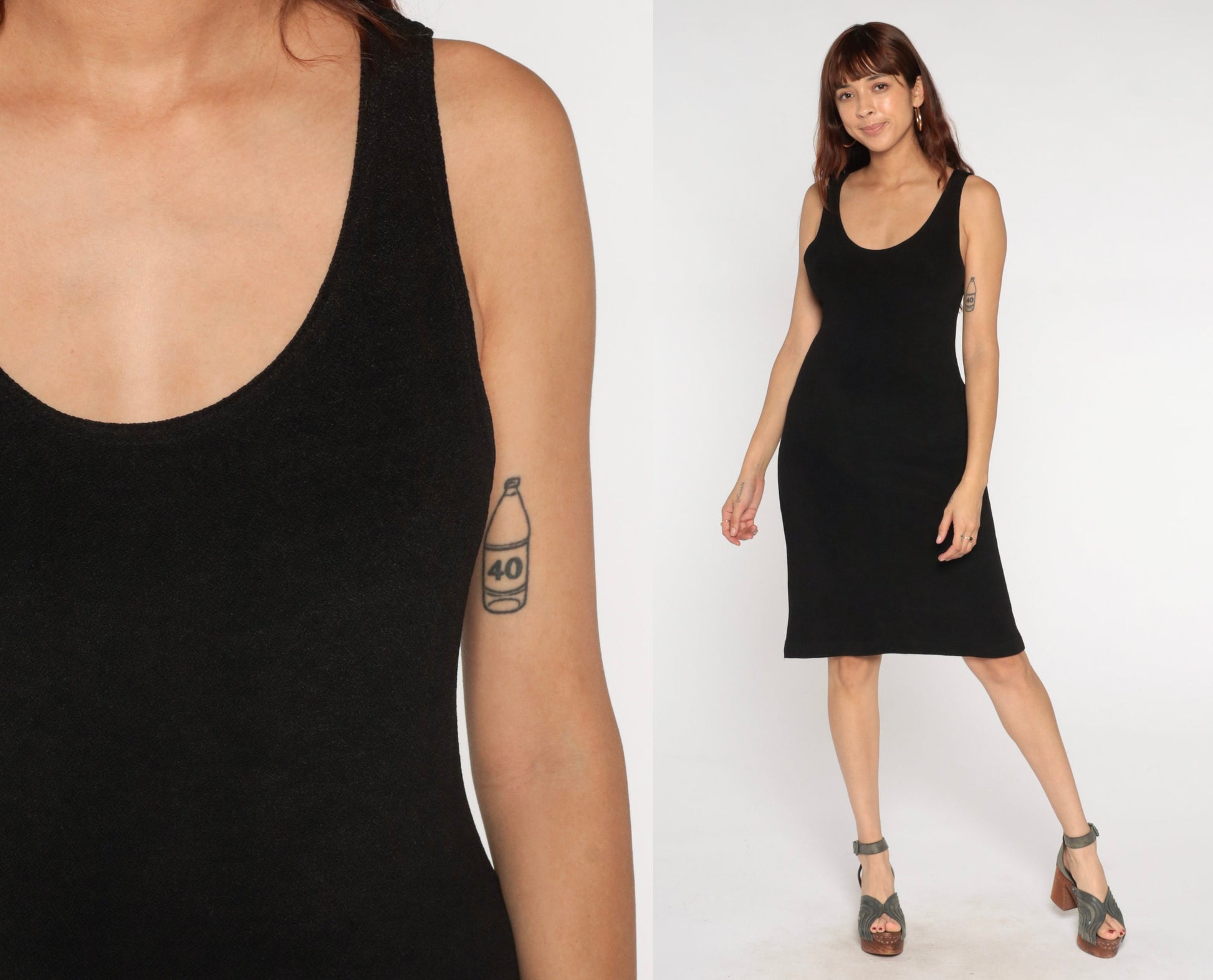 90s Black Bodycon Dress Sleeveless Scoop Neck Knee Length Medium