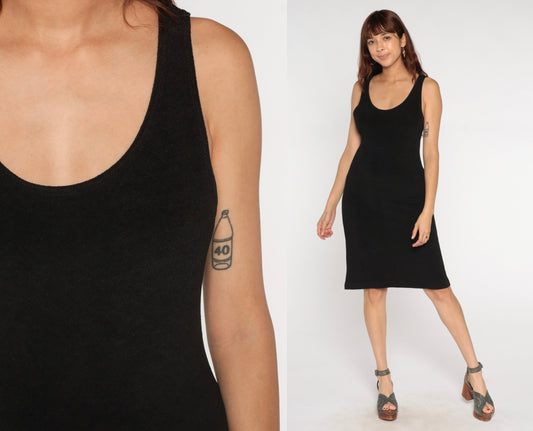 90s Black Bodycon Dress Sleeveless Scoop Neck Knee Length Medium