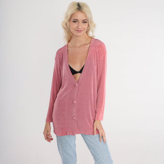 90s Dusty Pink Cardigan Sweater Button-Up Deep V-Neck Small
