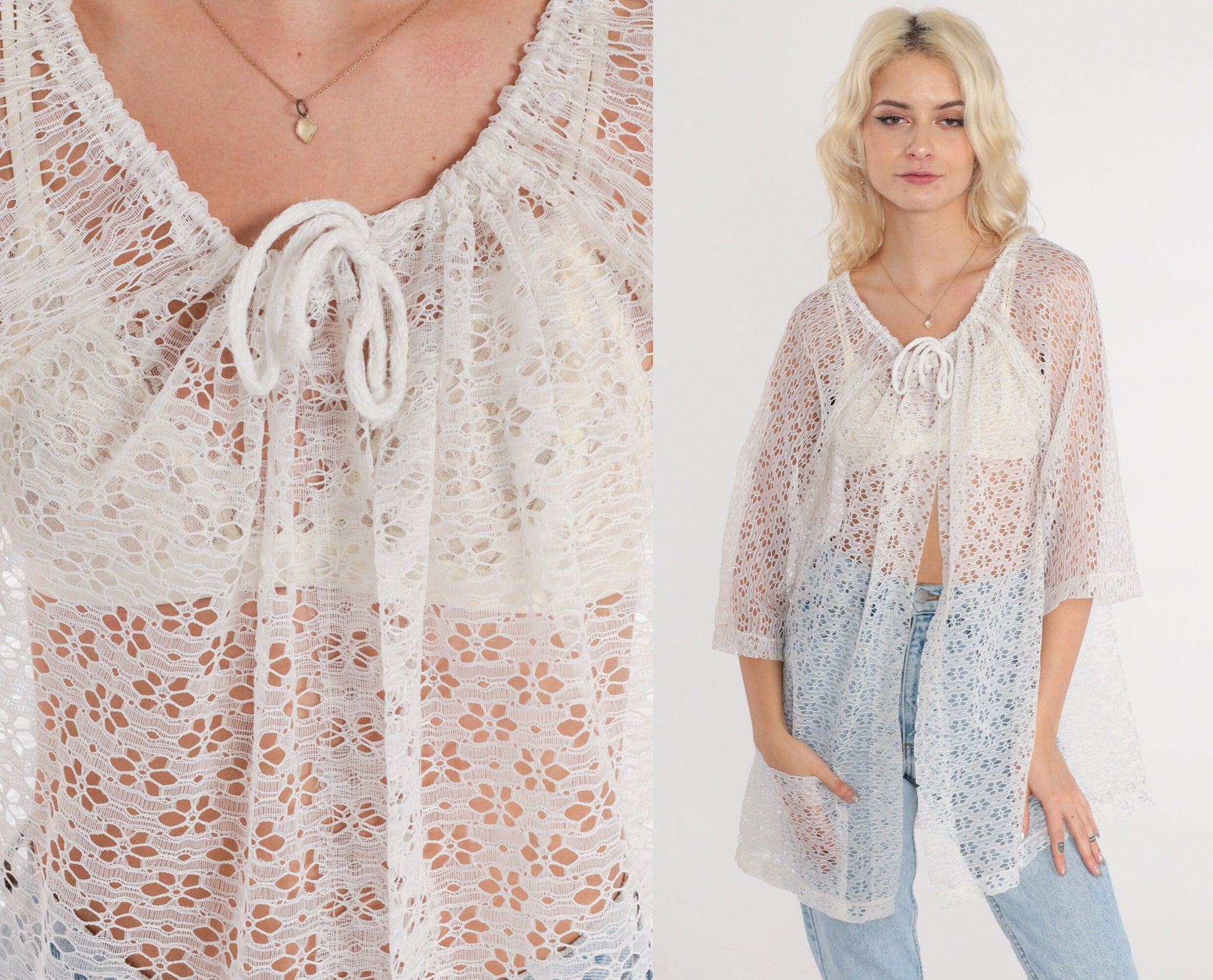 80s White Floral Lace Blouse Open Front Tie Neck 3/4 Sleeve Small