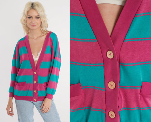 90s Striped Cardigan Sweatshirt Pink Turquoise Button-Up Large L