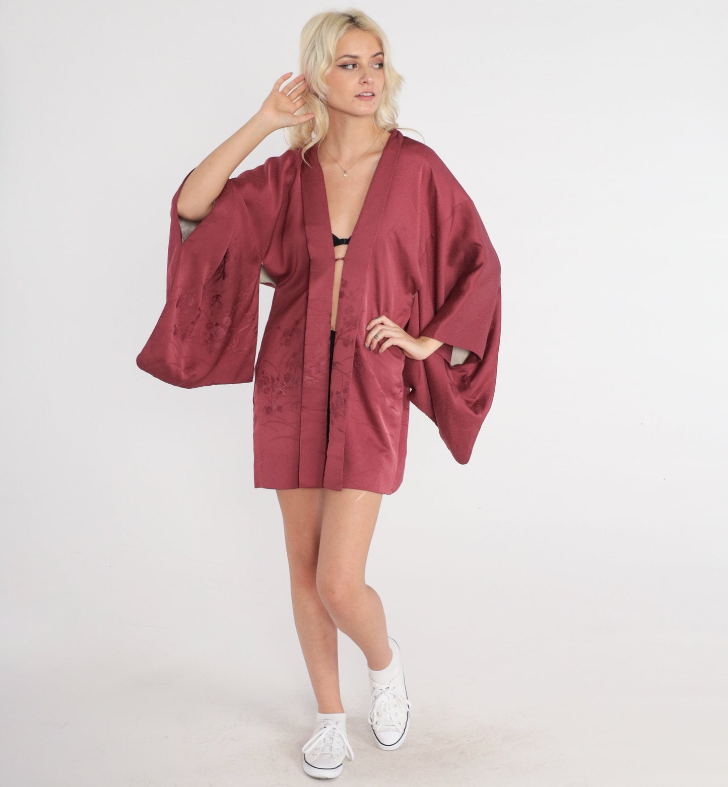 70s Berry Silk Kimono Jacket Floral Embossed Open Front Small