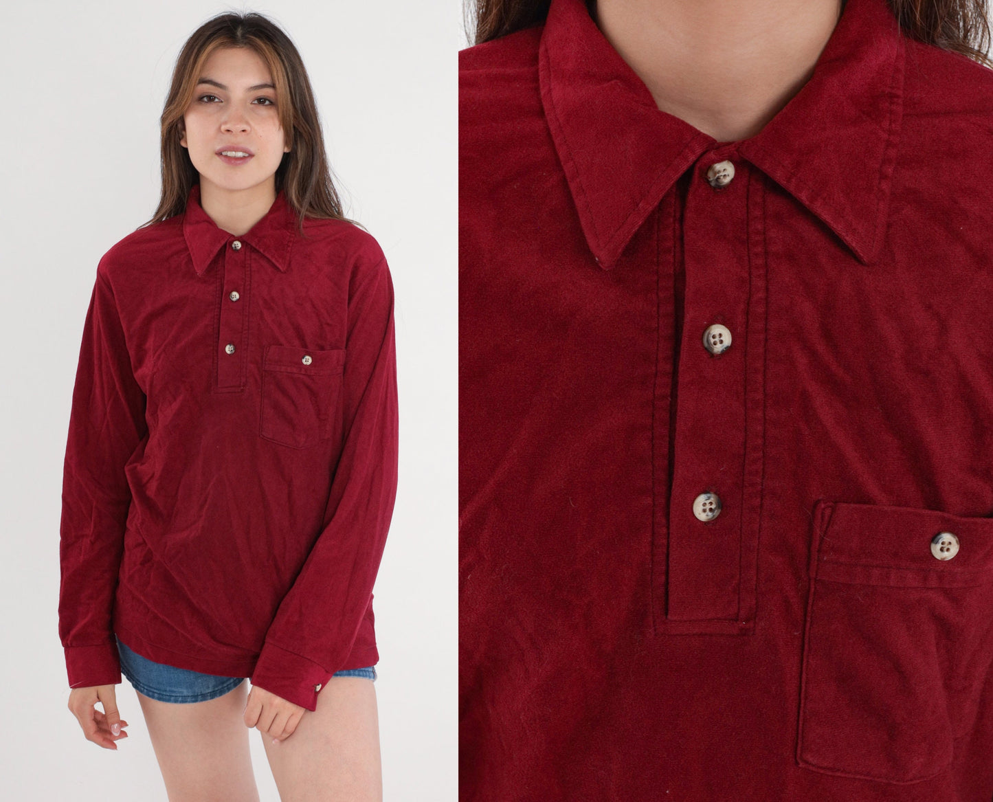 80s Burgundy Polo Shirt Half Button Long Sleeve Men's Small