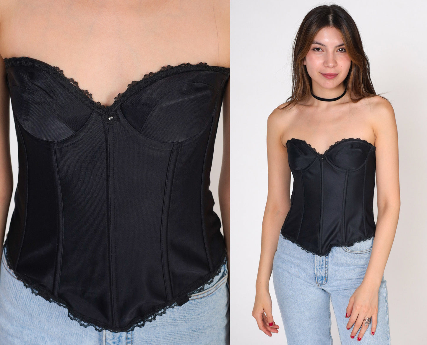 90s Black Lace Bustier Bra Top Underwire Sweetheart Neckline Small